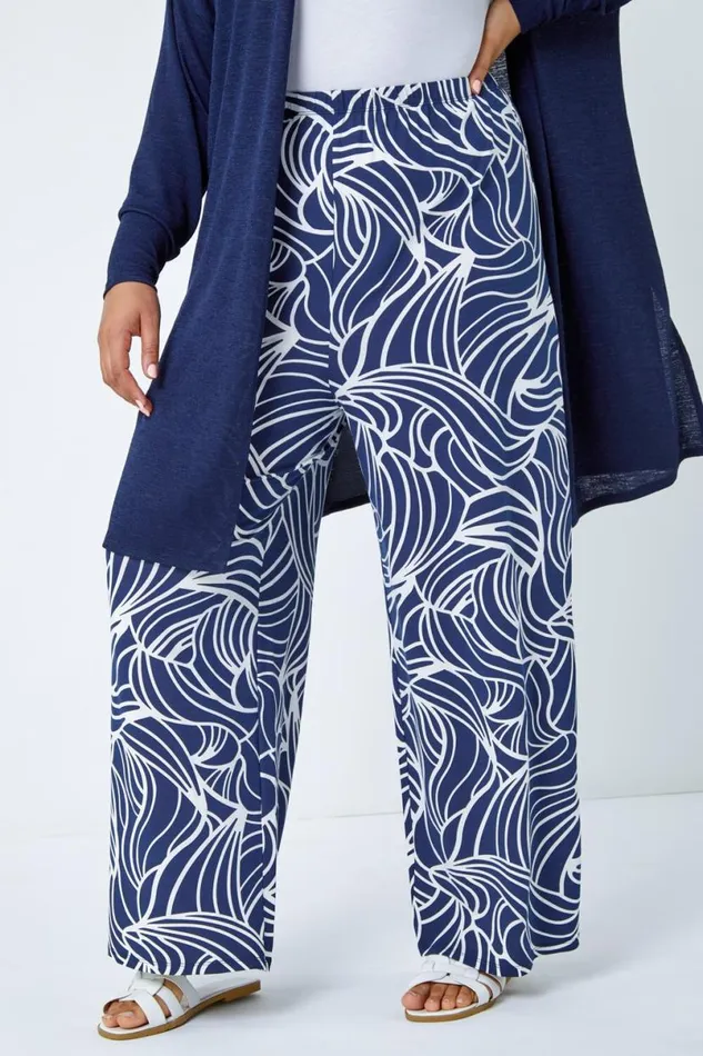 Navy Curve Linear Print Palazzo Trousers Women Roman Trousers