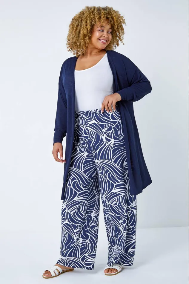 Navy Curve Linear Print Palazzo Trousers Women Roman Trousers