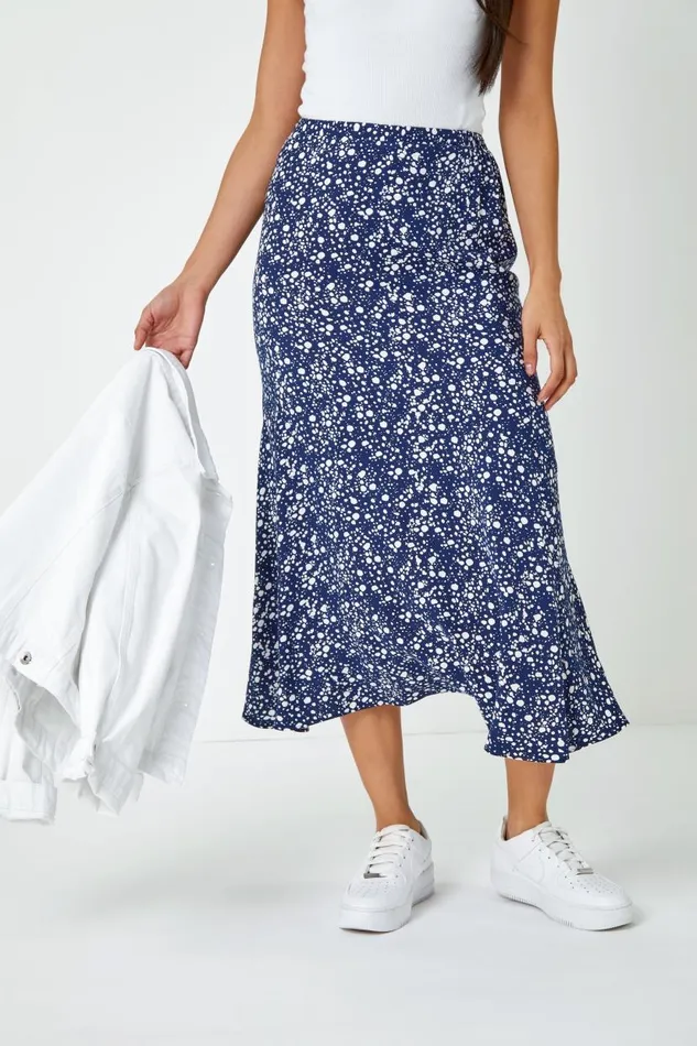 Navy Ditsy Spot Print Midi Skirt Women Roman Skirts
