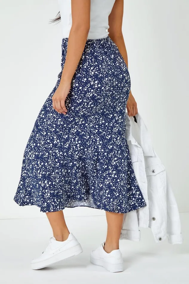 Navy Ditsy Spot Print Midi Skirt Women Roman Skirts