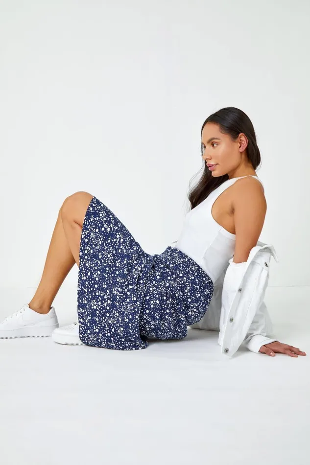 Navy Ditsy Spot Print Midi Skirt Women Roman Skirts