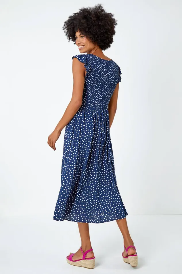 Navy Frill Sleeve Spot Shirred Midi Dress Women Roman Dresses