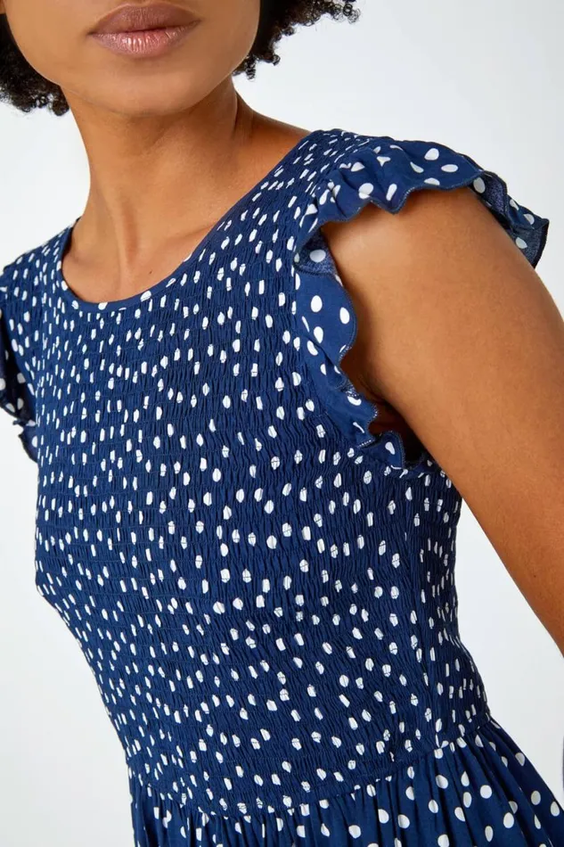 Navy Frill Sleeve Spot Shirred Midi Dress Women Roman Dresses