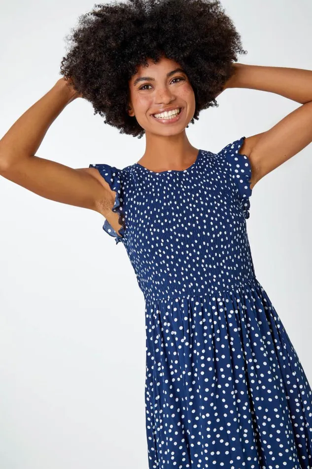 Navy Frill Sleeve Spot Shirred Midi Dress Women Roman Dresses