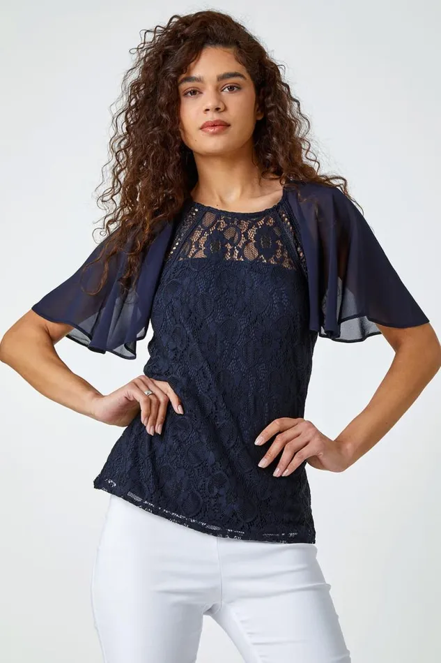 Navy Lace Chiffon Sleeve Shell Top Women Roman Tops