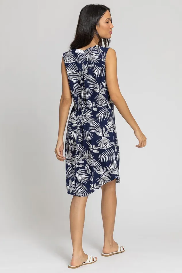 Navy Leaf Print Belted Shift Dress Women Roman Dresses