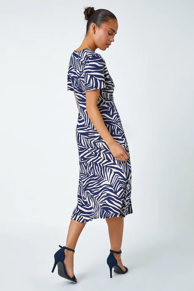 Navy Petite Animal Stretch Gathered Midi Dress Women Roman Dresses