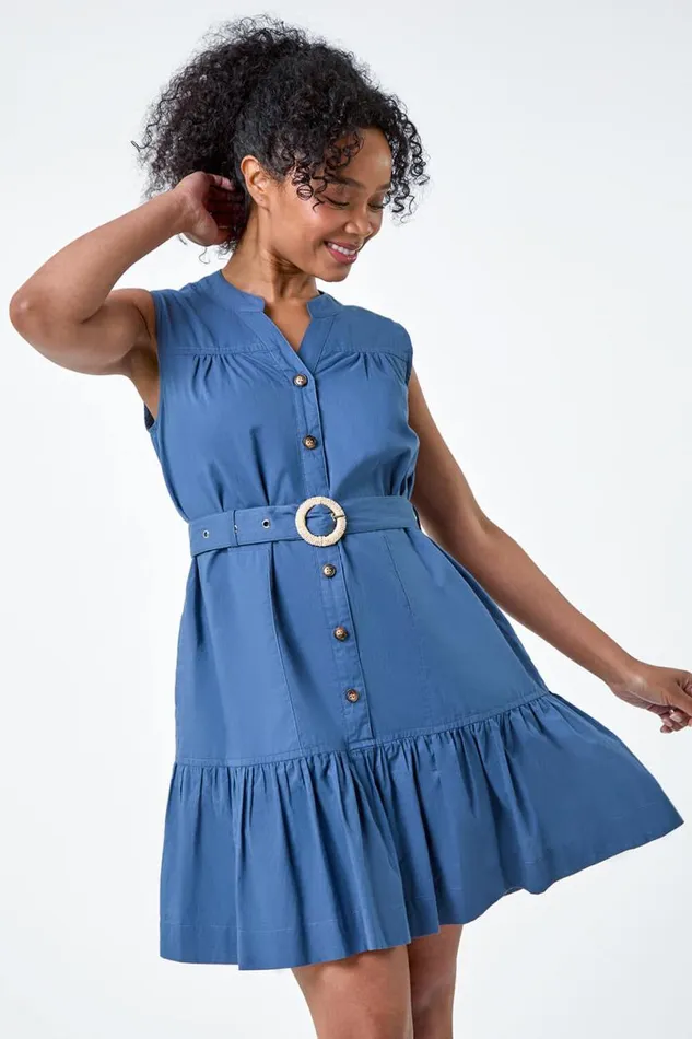Navy Petite Belt Detail Frill Cotton Shirt Dress Women Roman Dresses