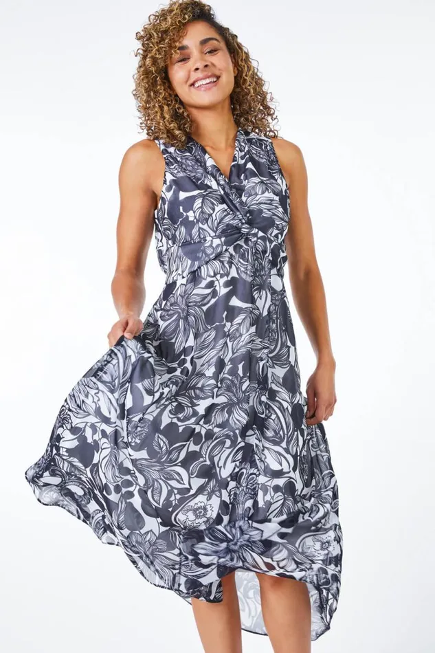 Navy Petite Contrast Floral Print Hanky Hem Dress Women Roman Dresses