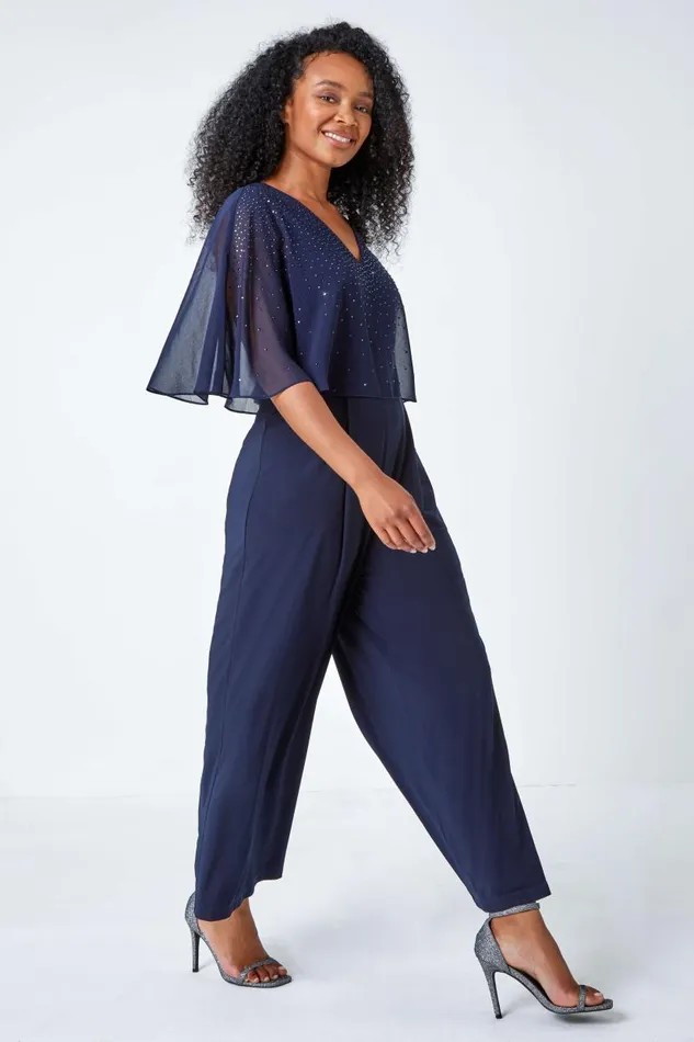 Navy Petite Embellished Overlay Stretch Jumpsuit Women Roman Jumpsuits and Playsuits