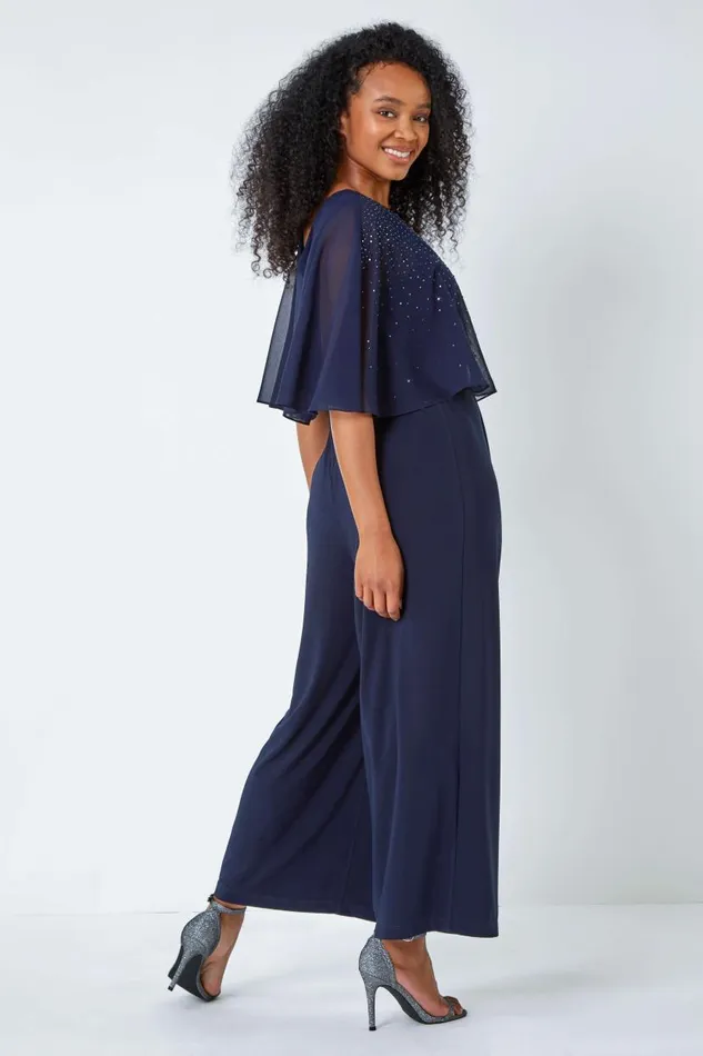 Navy Petite Embellished Overlay Stretch Jumpsuit Women Roman Jumpsuits and Playsuits