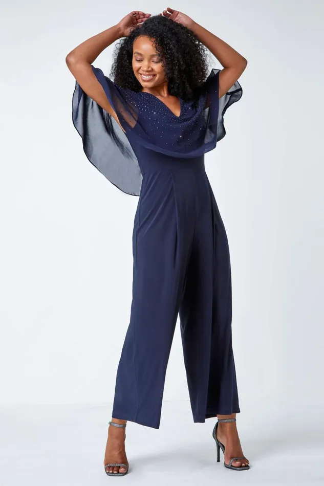 Navy Petite Embellished Overlay Stretch Jumpsuit Women Roman Jumpsuits and Playsuits