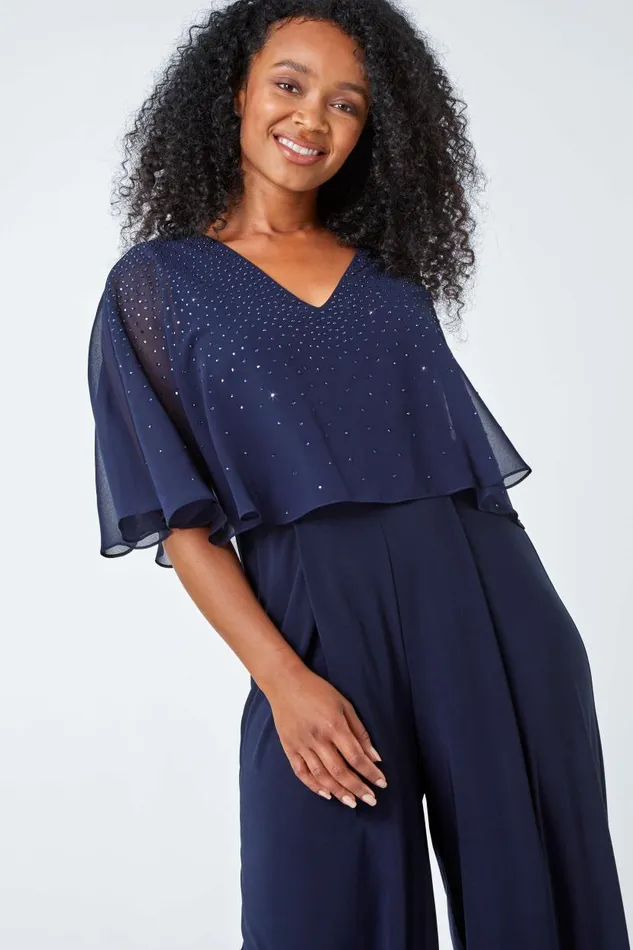 Navy Petite Embellished Overlay Stretch Jumpsuit Women Roman Jumpsuits and Playsuits