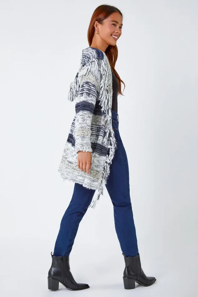 Navy Petite Fringed Hooded Cardigan Women Roman Knitwear