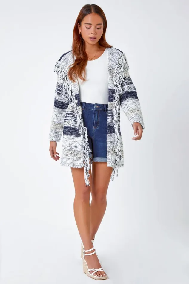 Navy Petite Fringed Hooded Cardigan Women Roman Knitwear