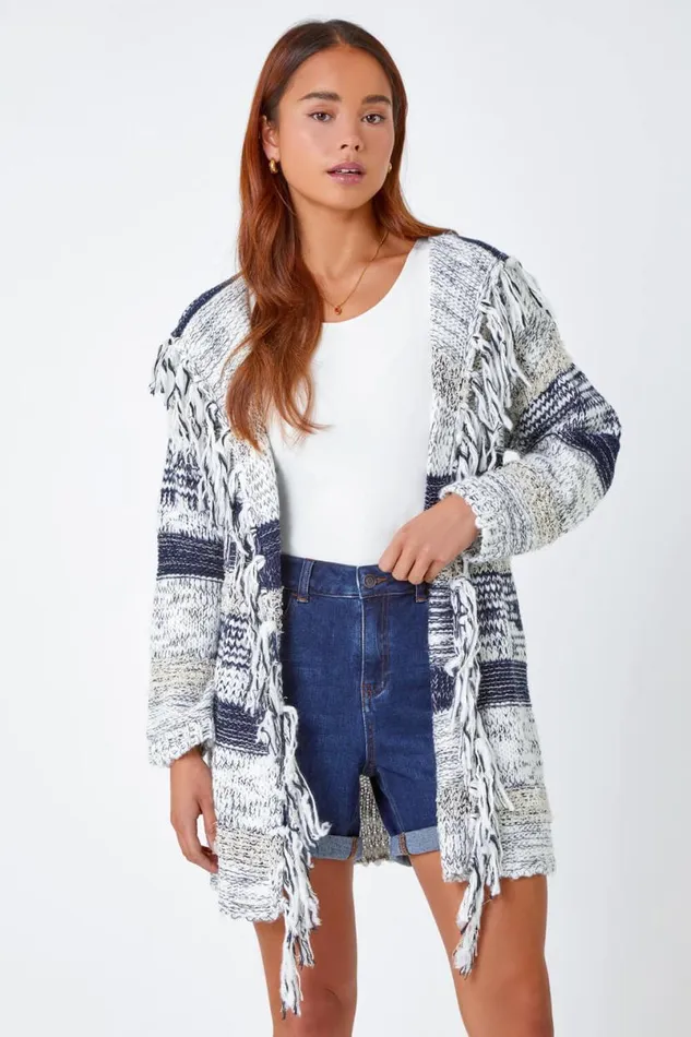 Navy Petite Fringed Hooded Cardigan Women Roman Knitwear