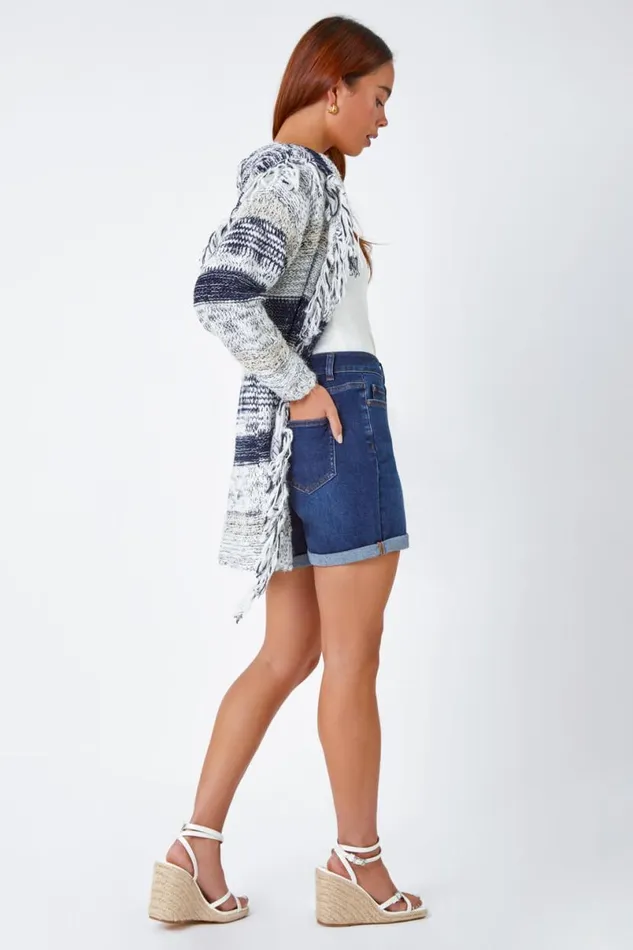 Navy Petite Fringed Hooded Cardigan Women Roman Knitwear