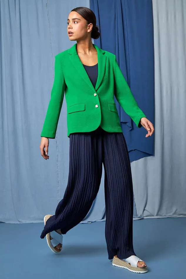 Navy Petite Pleated Elastic Waist Wide Leg Trousers Women Roman Trousers