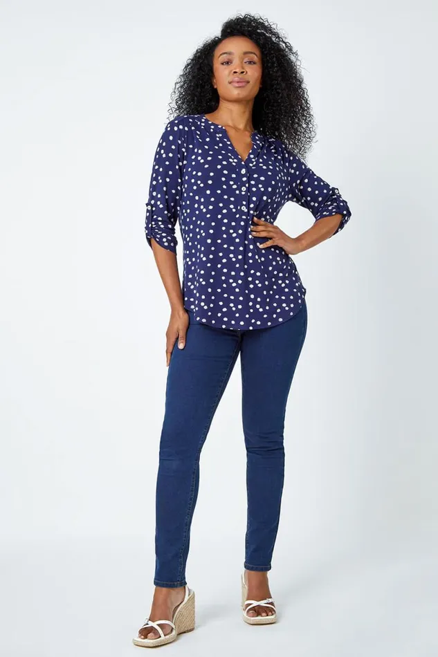 Navy Petite Polka Dot Stretch Button Detail Shirt Women Roman Tops