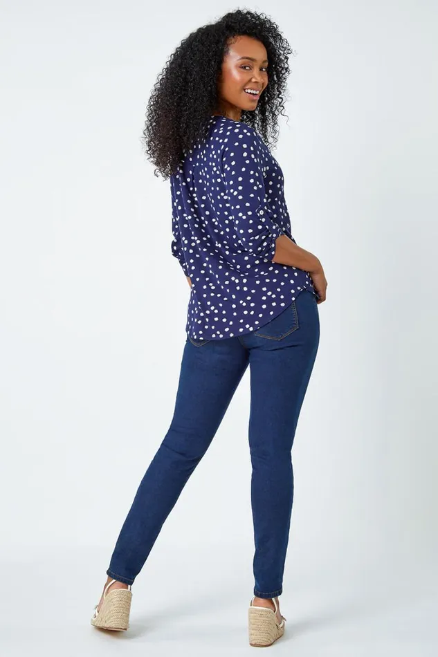 Navy Petite Polka Dot Stretch Button Detail Shirt Women Roman Tops