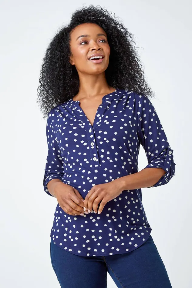 Navy Petite Polka Dot Stretch Button Detail Shirt Women Roman Tops