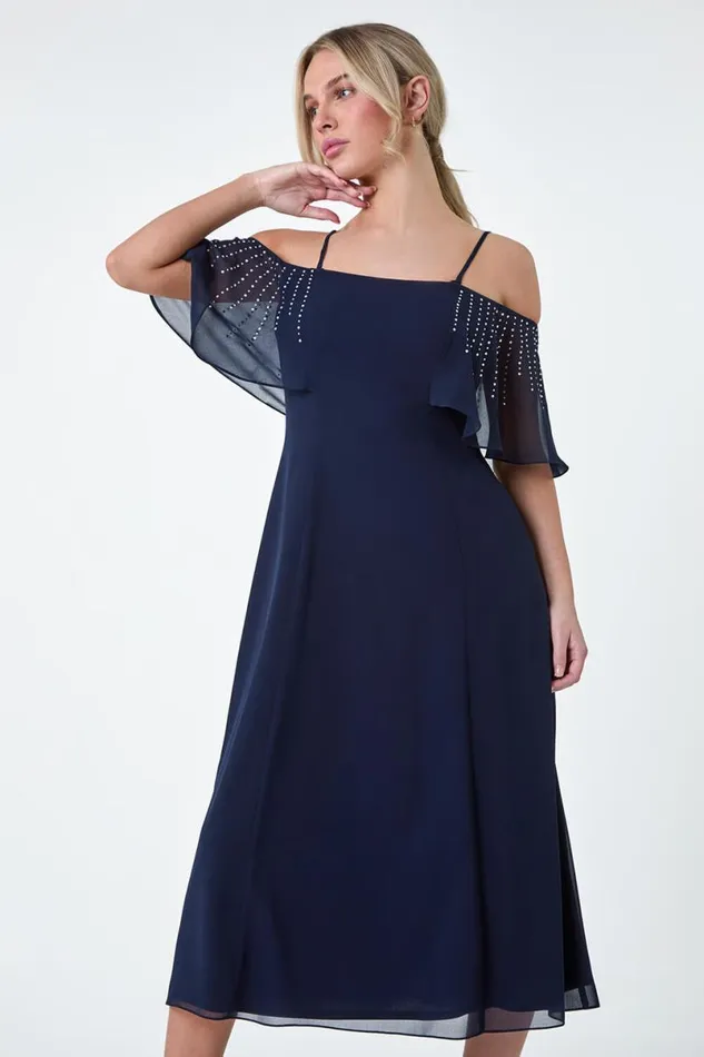 Navy Petite Sparkle Embellished Bardot Midi Dress Women Roman Dresses