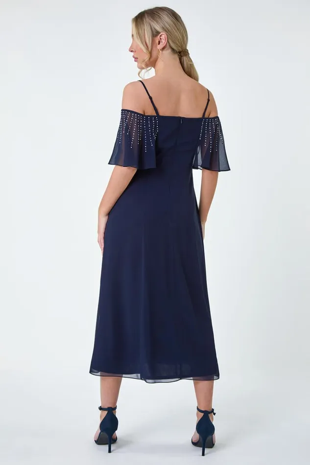 Navy Petite Sparkle Embellished Bardot Midi Dress Women Roman Dresses