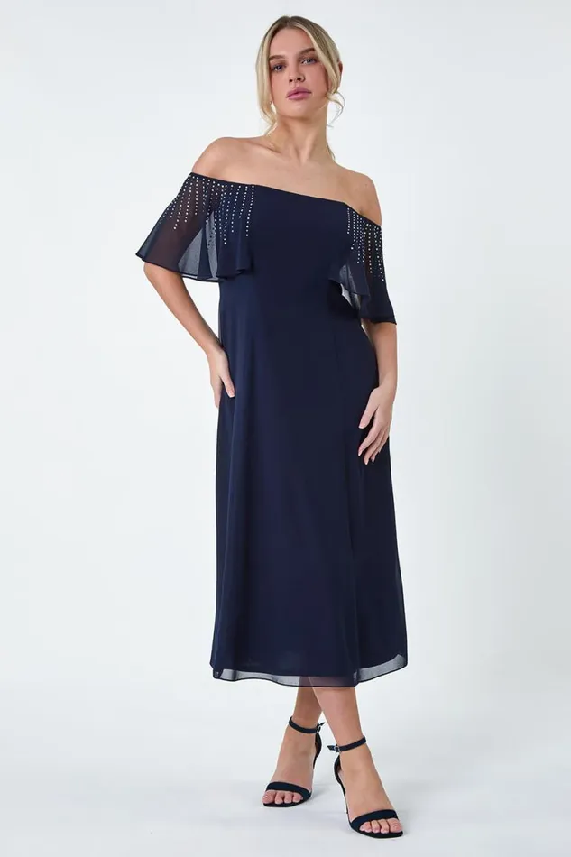 Navy Petite Sparkle Embellished Bardot Midi Dress Women Roman Dresses