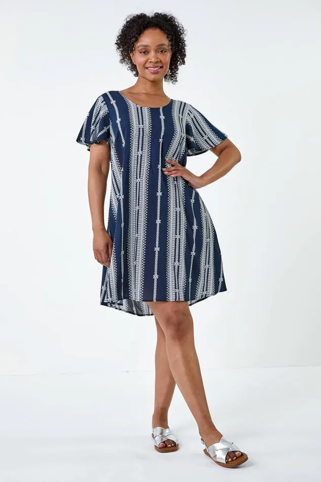 Navy Petite Stripe Print TShirt Dress Women Roman Dresses