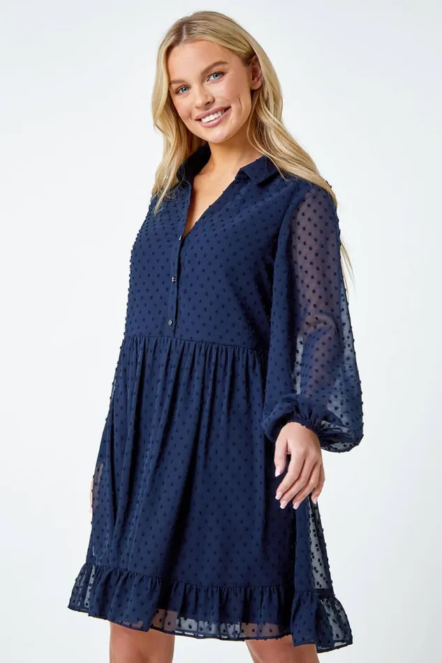 Navy Petite Textured Spot Tiered Frill Hem Dress Women Roman Dresses