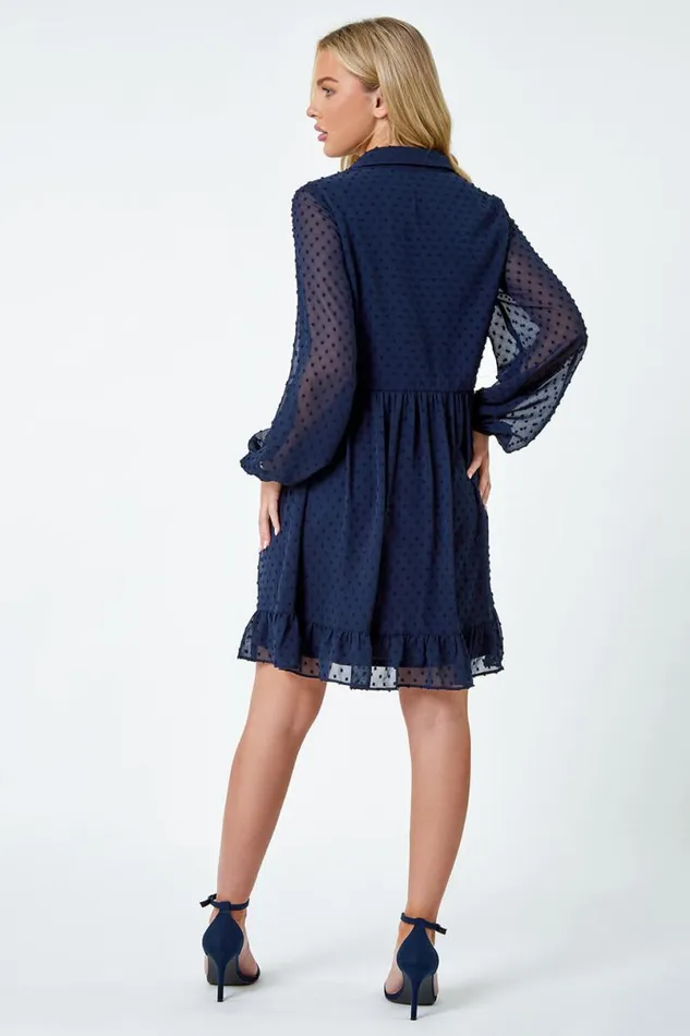 Navy Petite Textured Spot Tiered Frill Hem Dress Women Roman Dresses