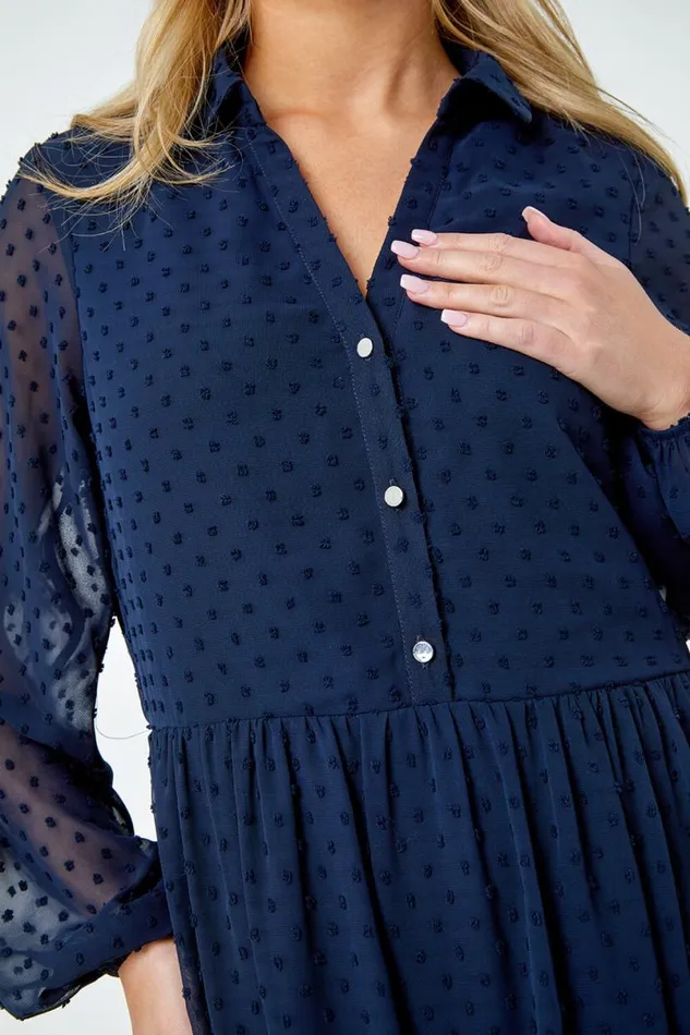 Navy Petite Textured Spot Tiered Frill Hem Dress Women Roman Dresses