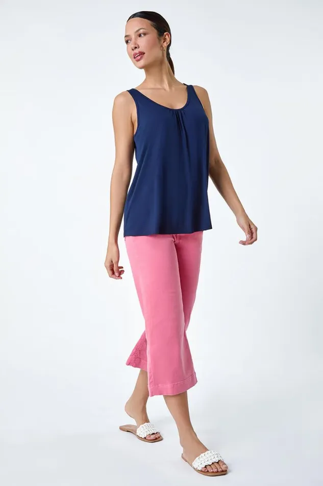 Navy Plain VNeck Stretch Jersey Vest Top Women Roman Tops