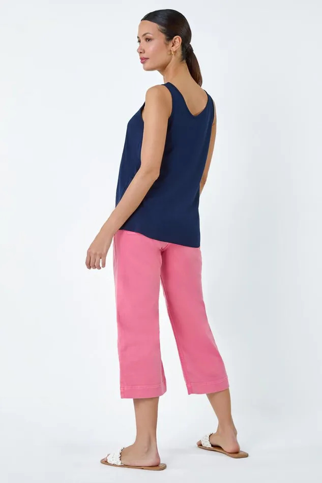 Navy Plain VNeck Stretch Jersey Vest Top Women Roman Tops