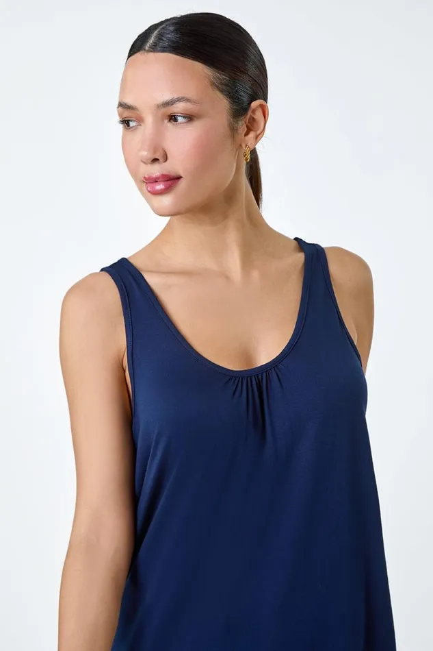 Navy Plain VNeck Stretch Jersey Vest Top Women Roman Tops