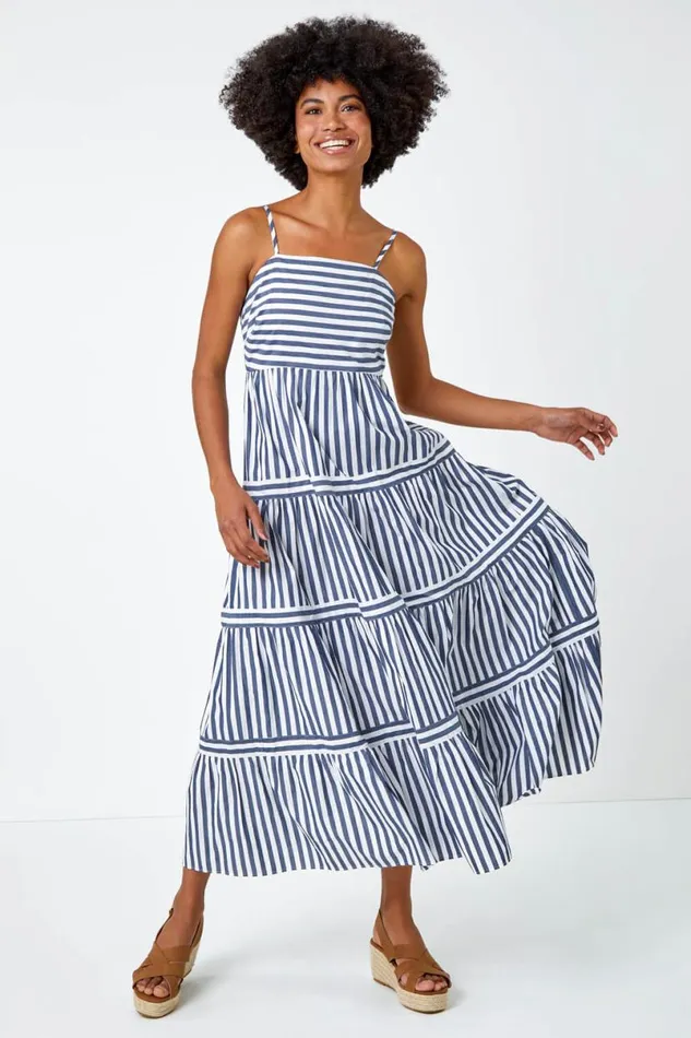 Navy Sleeveless Stripe Tiered Cotton Maxi Dress Women Roman Dresses