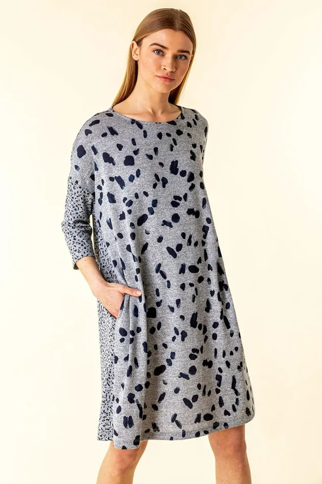 Navy Spot Print Pocket Jersey Dress Women Roman Dresses