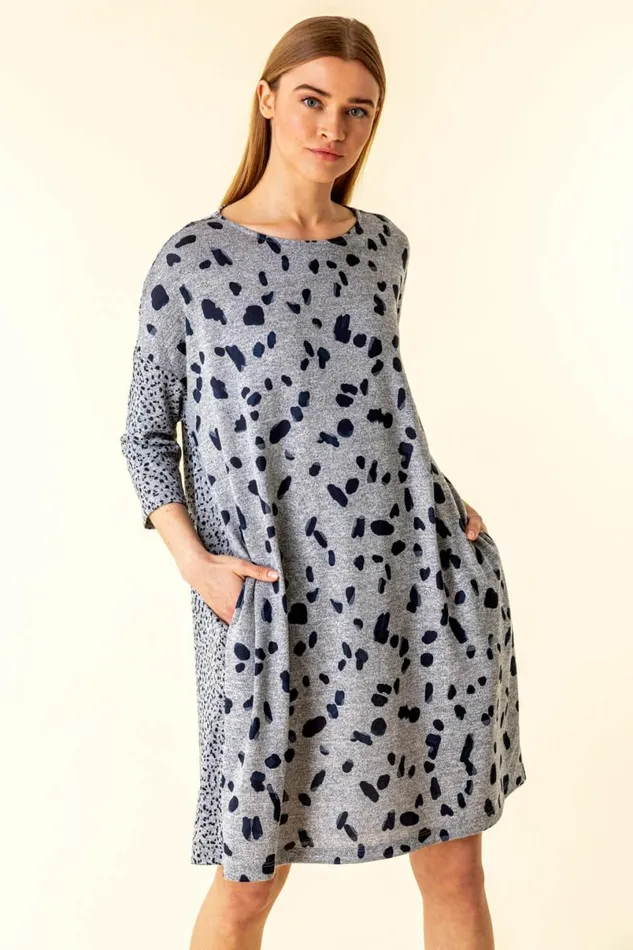 Navy Spot Print Pocket Jersey Dress Women Roman Dresses
