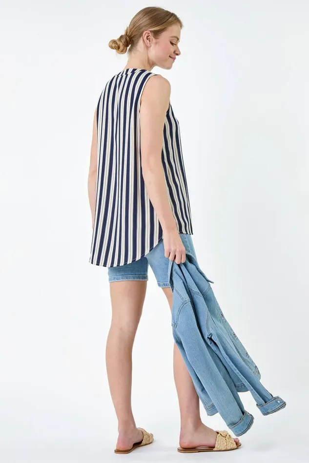 Navy Stripe Print Button Detail Vest Top Women Roman Tops