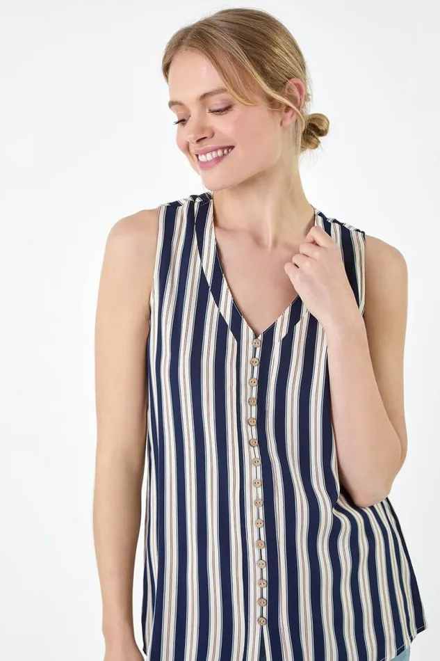 Navy Stripe Print Button Detail Vest Top Women Roman Tops