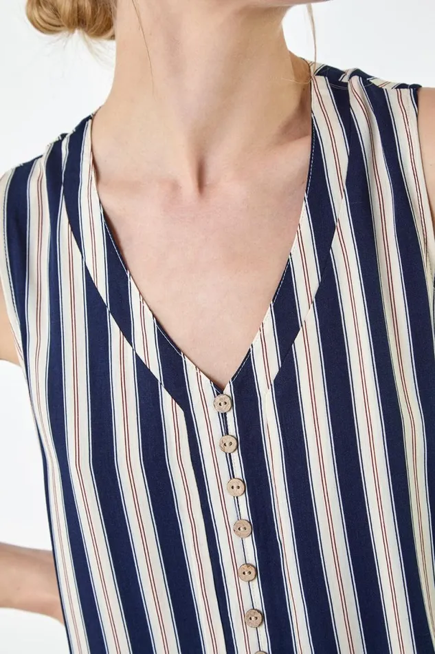 Navy Stripe Print Button Detail Vest Top Women Roman Tops