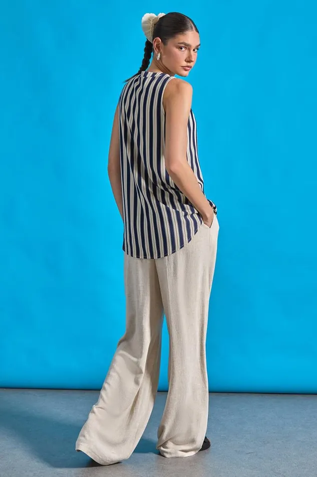 Navy Stripe Print Button Detail Vest Top Women Roman Tops