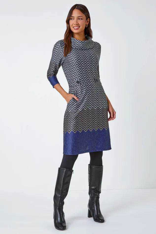 Navy Zig Zag Cowl Neck Stretch Dress Women Roman Dresses