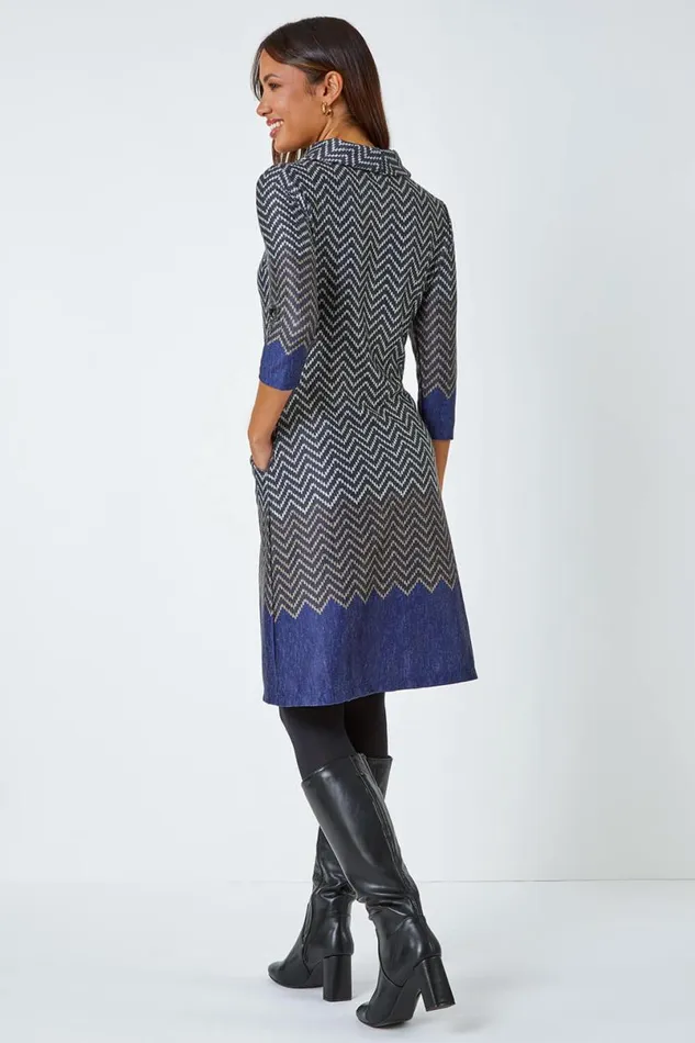 Navy Zig Zag Cowl Neck Stretch Dress Women Roman Dresses