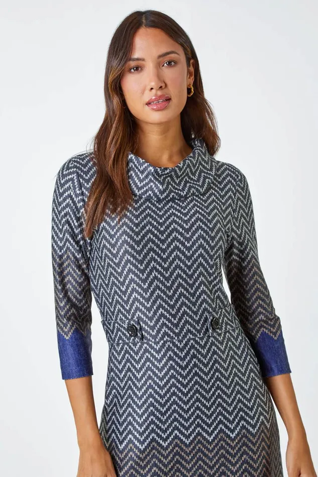 Navy Zig Zag Cowl Neck Stretch Dress Women Roman Dresses