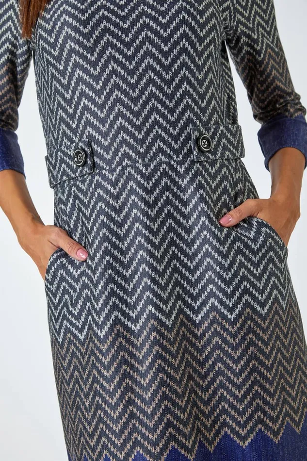 Navy Zig Zag Cowl Neck Stretch Dress Women Roman Dresses