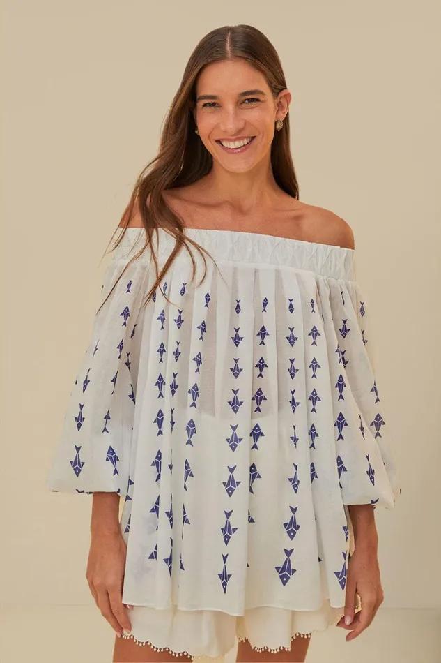 OffWhite Graphic Fishes OffShoulder Blouse Women FARM Rio Blouses