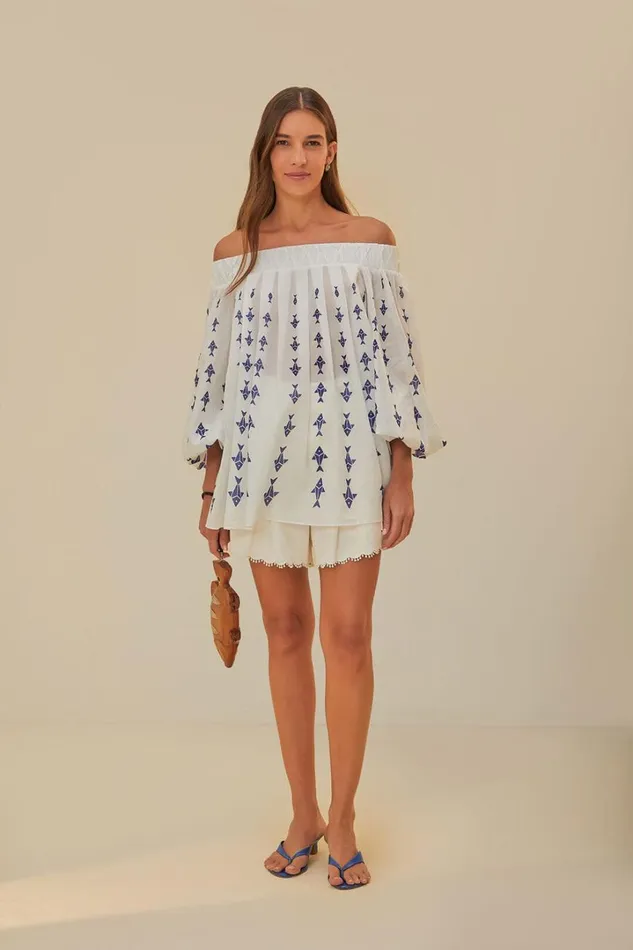 OffWhite Graphic Fishes OffShoulder Blouse Women FARM Rio Blouses