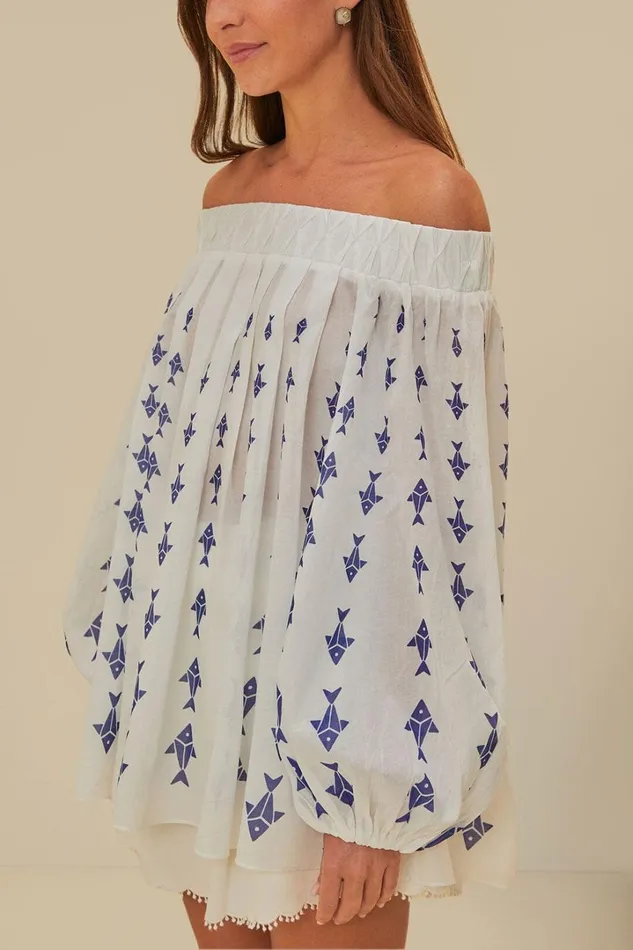 OffWhite Graphic Fishes OffShoulder Blouse Women FARM Rio Blouses