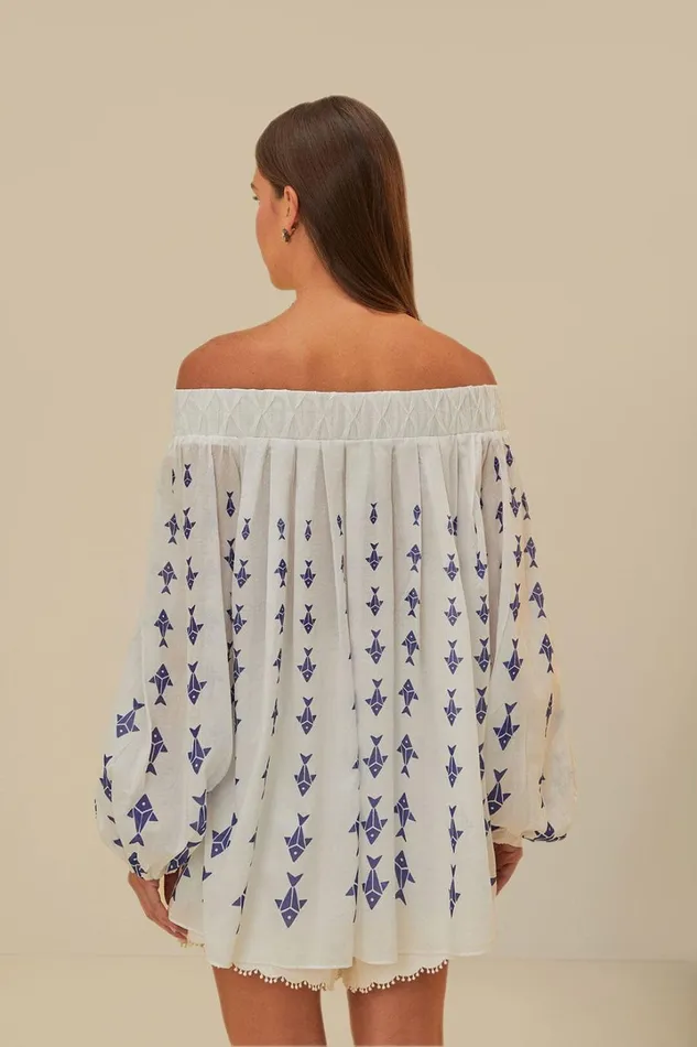 OffWhite Graphic Fishes OffShoulder Blouse Women FARM Rio Blouses
